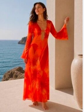 Caroline Constas Orange Red Floral Maxi Cover-Up